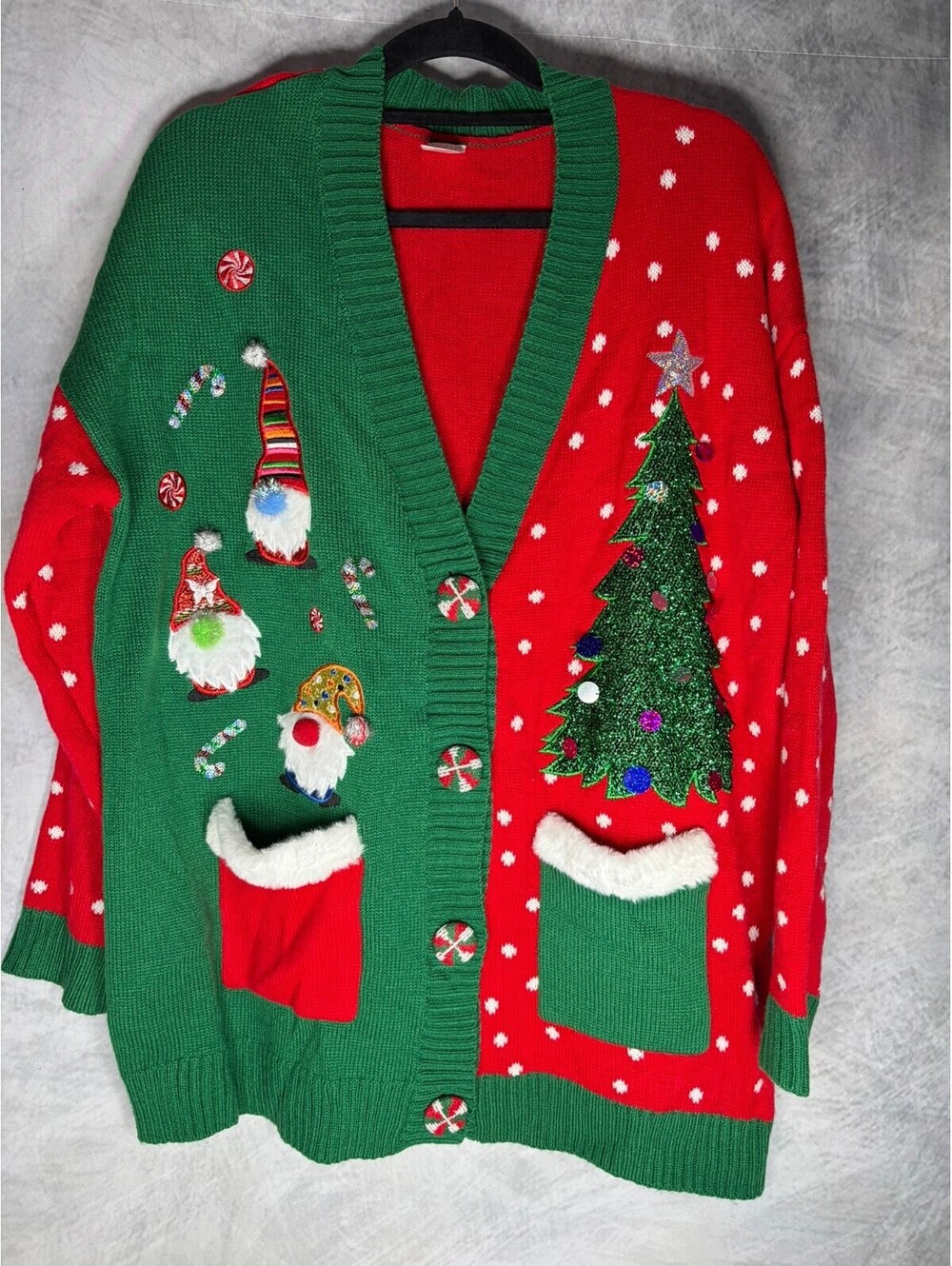 Holiday Time Womens XL 16-18 Ugly Christmas Cardigan Gnome Tree Red Green